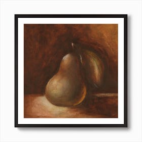 Pear painting classical old masters figurative academic brown food kitchen still life hand painted square Art Print