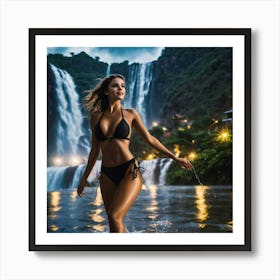 Beautiful Woman In Bikini In Front Of Waterfallbh Art Print