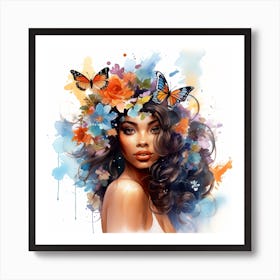 Maraclemente Black Woman Watercolors With Colorful Flowers And 1 Art Print