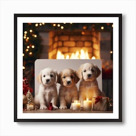 Golden Retriever Puppies In Front Of Fireplace Art Print