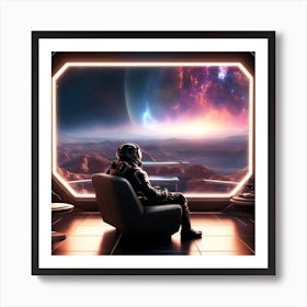 The Image Depicts A Futuristic Space Scene With A Man Sitting On A Couch In Front Of A Large Window That Offers A Breathtaking View Of The Galaxy 2 Art Print