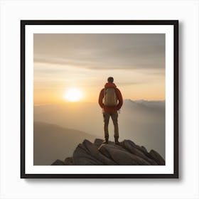 Man Standing On Top Of Mountain At Sunset 1 Art Print