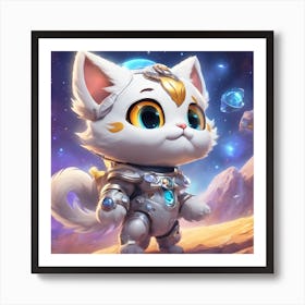 A Super Cute Chibi Zodiac Cat, In The Universe, With Snowwhite Shiny Fur, Happy Smile, Happy Smile, (1) Art Print