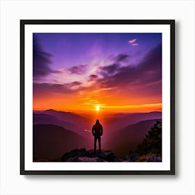 A Serene Photograph Captures A Solitary Figure Standing Atop A Rugged Mountain Peak Art Print