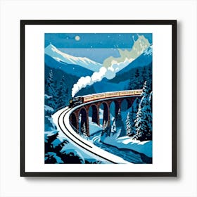 Vintage Travel Poster Cutout Steam Train Crossing A Curved Viaduct Over A Twilight Lit Valley Flan Art Print