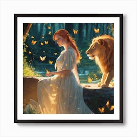 Lion And A Woman Art Print