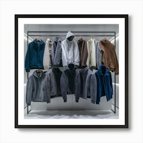 A rack of men's jackets and hoodies on a rack 1 Art Print