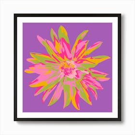 DAHLIA BURSTS Single Abstract Blooming Floral Summer Bright Flower in Fuchsia Pink Yellow Lime Green on Violet Purple Art Print