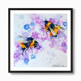 Watercolor Colorful Bees And Flower Square Art Print