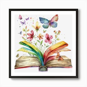 Watercolor Rainbow Book With Flower And Butterfly Art Print