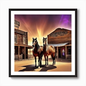 Two Horses In Front Of A Western Town Art Print