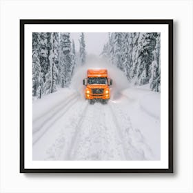 Orange Truck Driving Through Snowy Forest Art Print