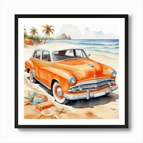 Vintage Car On The Beach Art Print