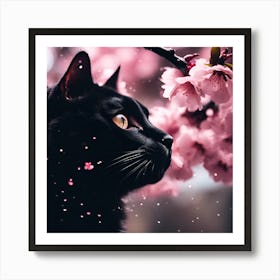 Black Cat amongst the Cherry Blossom Trees Art Print