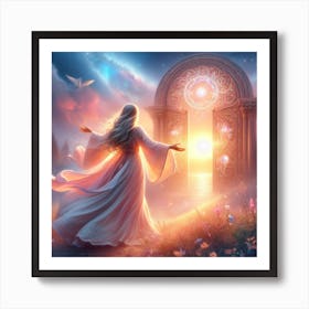 Woman Opens A Door Art Print