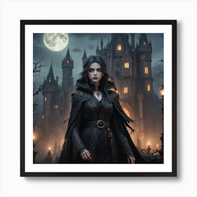 Vampire Girl In Front Of Castle Art Print