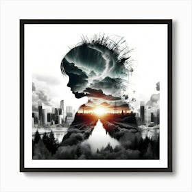 A Silhouette Woman With Cityscape Art Print