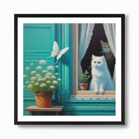 White Cat And Butterfly Art Print