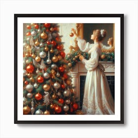 Lady Decorating A Christmas Tree Art Print