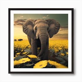 Elephant In A Field Of Sunflowers Art Print