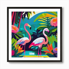 Firefly Beautiful Magic Garden With Flamingos Colourful Flowers And Tropical Plants Art Synthwave V 2 Art Print