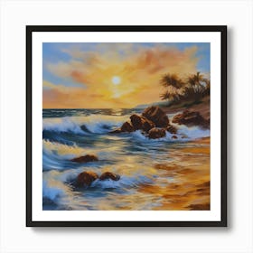 The sea. Beach waves. Beach sand and rocks. Sunset over the sea. Oil on canvas artwork.11 Art Print