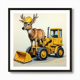 Deer On Bulldozer Art Print