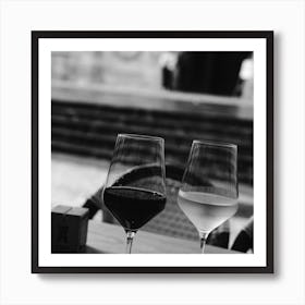 Glasses Of Wine, Black And White St Sebastian, Spain Square Art Print