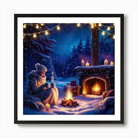 Winter Night By The Fireplace Art Print