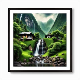 Waterfall In The Mountains Art Print