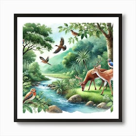 Wildlife Watercolor Scene Printed Art A Beautiful Watercolor Illustration Of Wildlife In Their Natural Habitat, Perfect For Bringing A Touch Of Nature’S Beauty To Any Space Printed Art Art Print