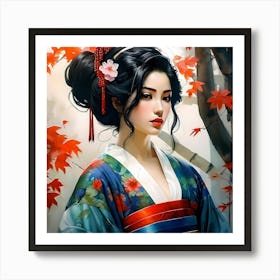 Japan Traditional Geisha Illustration By Ad 76 Póster