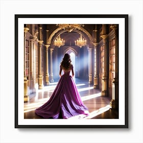 Beautiful Woman In A Purple Dress In A Dark Room Art Print