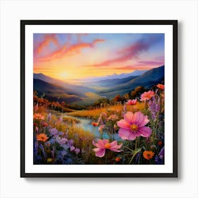 Watercolor Valley Full Of Tall Wild Flowers Vibrant Colours Sunset Pale Blue Sky Art Print