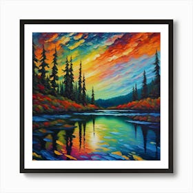 Sunset On The Lake. Enchanted Sunset: Vibrant Nature-Inspired Canvas Art with Abstract Pine Trees Art Print