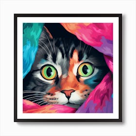 Cat Peeking Out Of Colorful Blanket Art Print