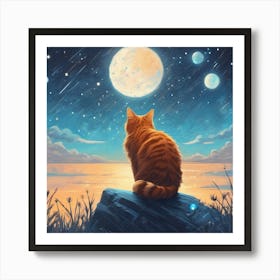 Cat Looking At The Moon 1 Art Print