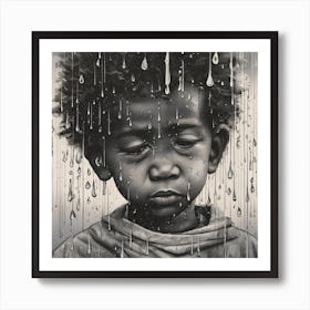 Sad African kid under rain Art Print