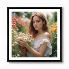 Photo Medium Shot Woman Posing In Romantic Garden Beautiful Summer Flowers In Girl Hands 1 Art Print