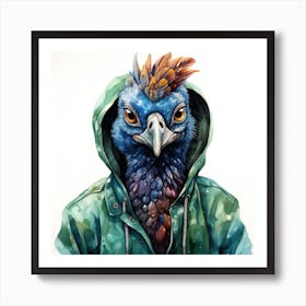 Watercolour Cartoon Peacock In A Hoodie Art Print