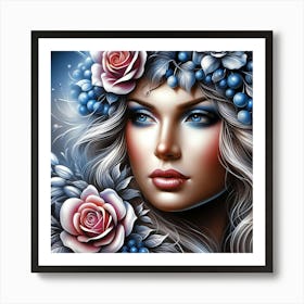 Beautiful Girl With Blue Roses Art Print