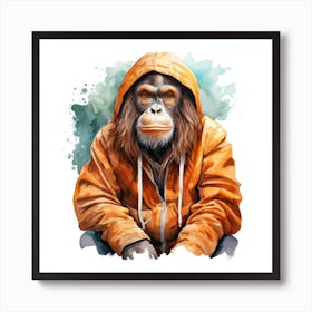 Watercolour Cartoon Orangutan In A Hoodie 1 Art Print