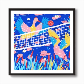 Two Colorful Cranes Playing Volleyball Square Art Print