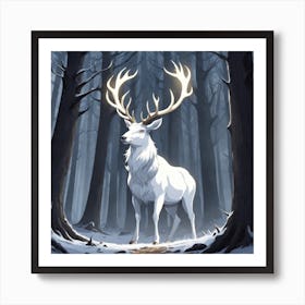 A White Stag In A Fog Forest In Minimalist Style Square Composition 30 Art Print