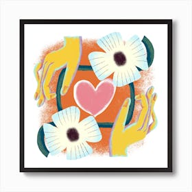 White Flowers Held By Hands With Love  Square Art Print
