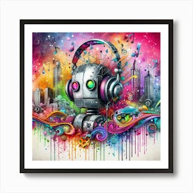 Robot With Headphones Art Print