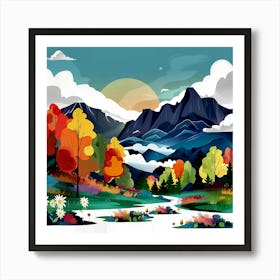 Landscape The Picturesque Mountains Trees River Abstract Symbolism Art Print