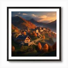 Autumn Village In The Mountains Art Print