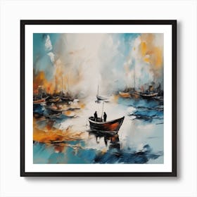 Art painting in beautiful colors, ink forming abstract landscape, boat, people, figures, horizontal angle by realfnx Art Print