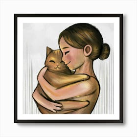 Girl Hugging A Cat Art Print